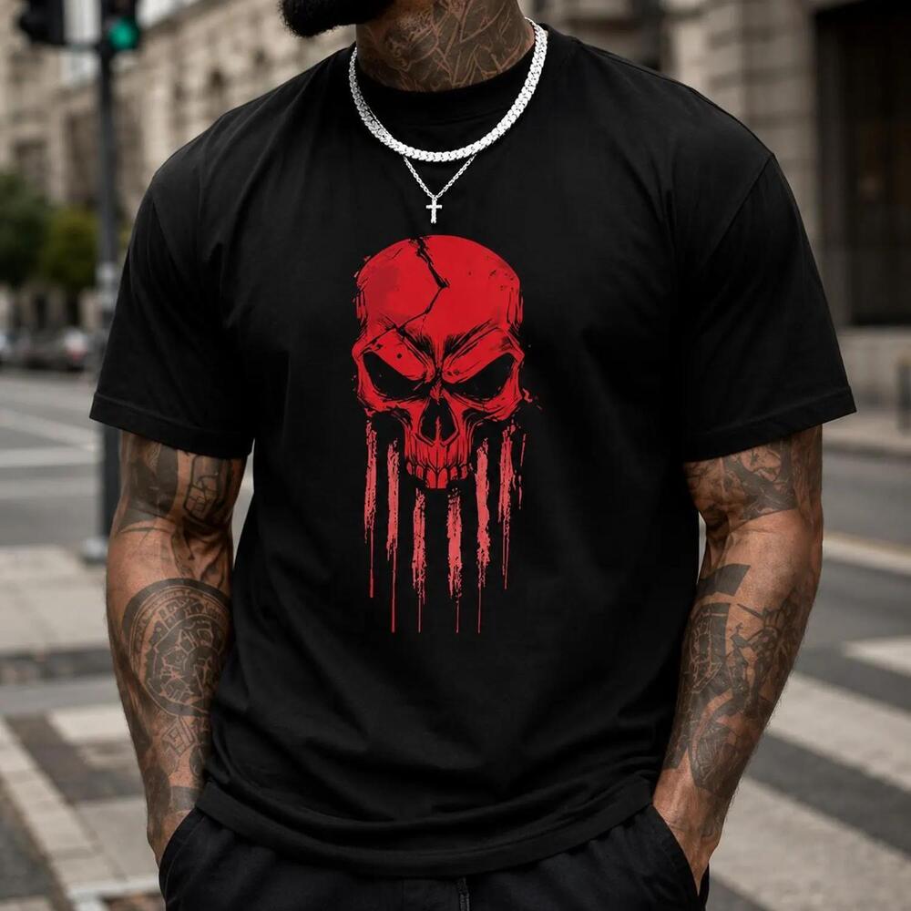 MenS Crimson Skull T-Shirt, Gothic Biker Graphic Tee, Black